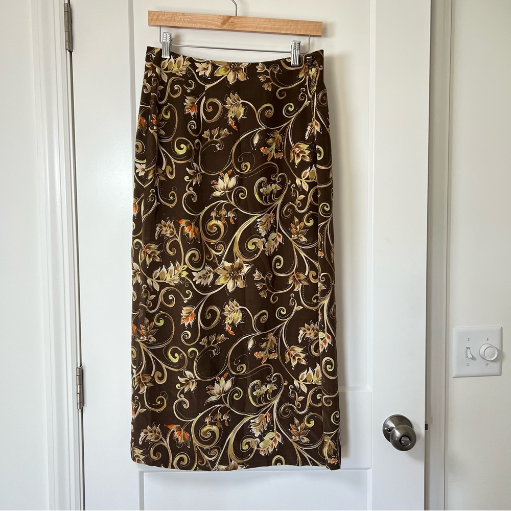 Charter Club Vintage 90s/Y2K 100% Pure Silk Dark Brown Floral Maxi Wrap Skirt 🍂🤎